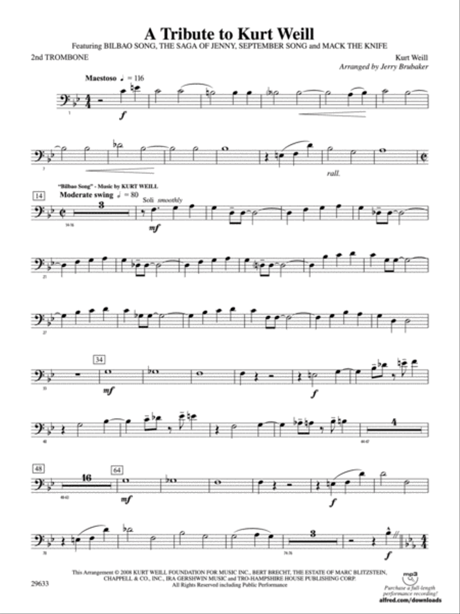 A Tribute to Kurt Weill: 2nd Trombone Concert Band scores gallery preview page 1