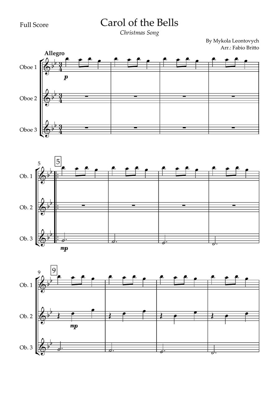 Carol of the Bells (Christmas Song) for Oboe Trio Woodwind Trio scores gallery preview page 1