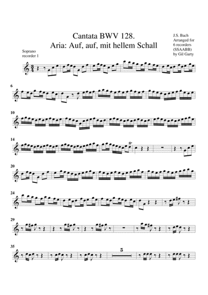 Aria: Auf, auf, mit hellem Schall from Cantata BWV 128 (arrangement for 6 recorders)
