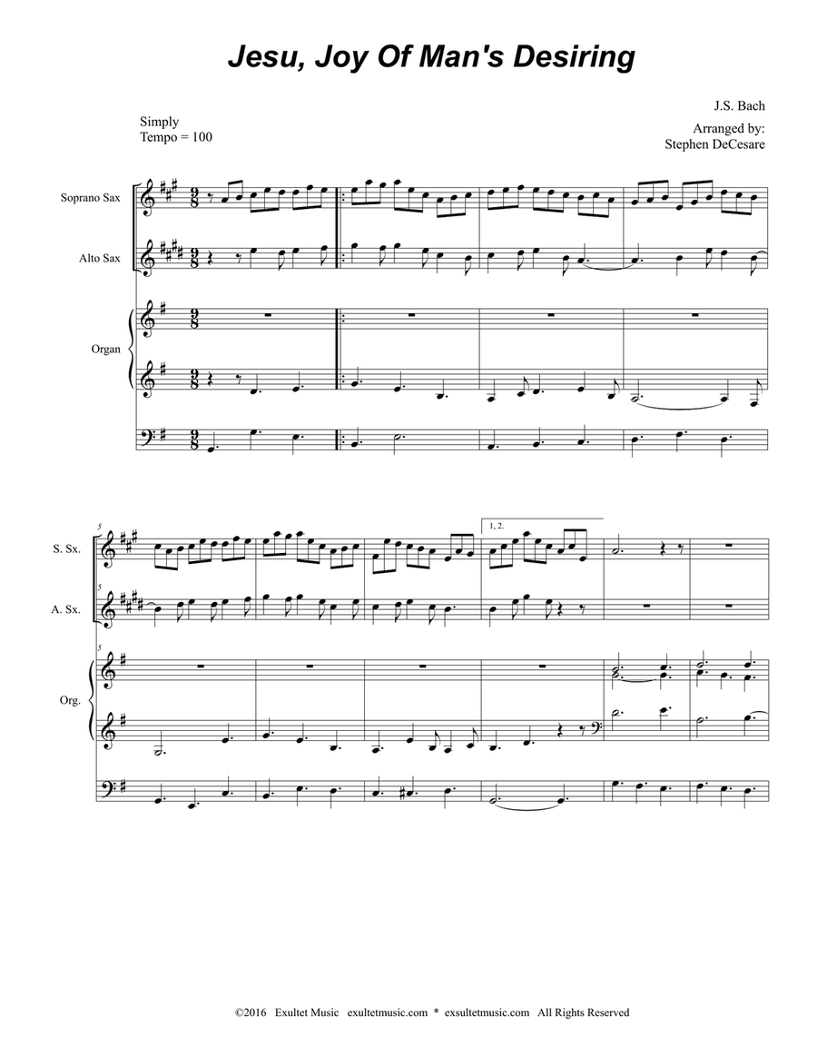 Jesu, Joy Of Man's Desiring (Duet for Soprano and Alto Saxophone and Organ) Woodwind Duet scores gallery preview page 2