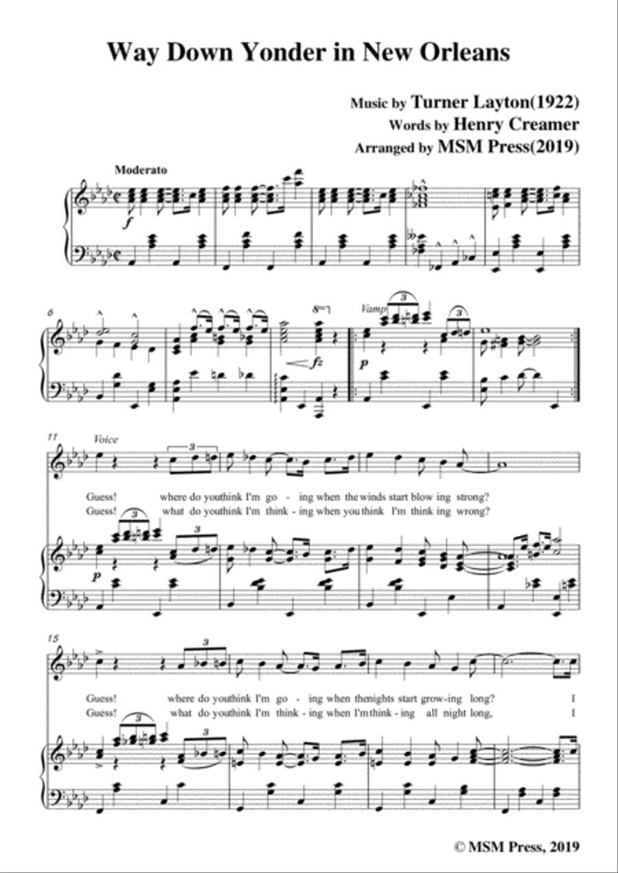 Turner Layton-Way Down Yonder in New Orleans,in A flat Major,for Voice&Pno Voice scores gallery preview page 3