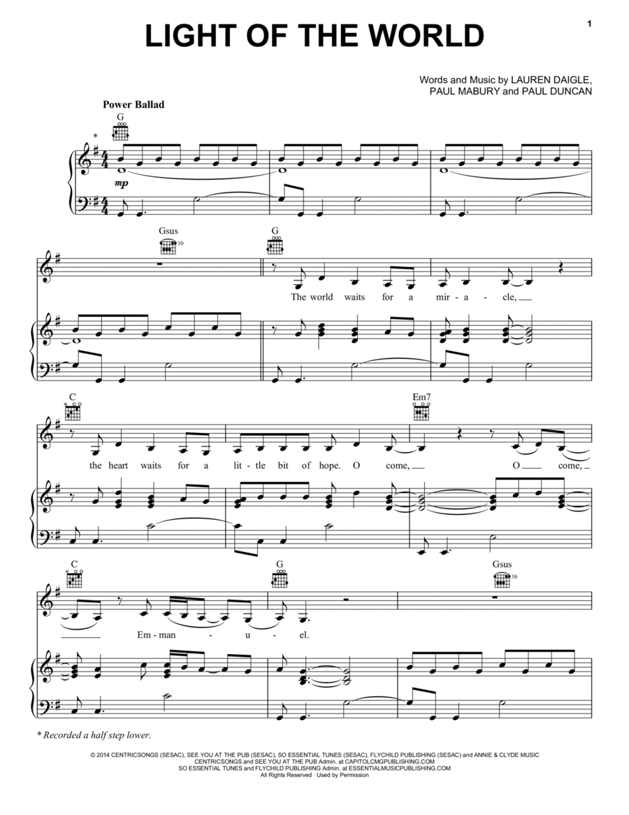 Light Of The World Piano, Vocal, Guitar scores gallery preview page 1