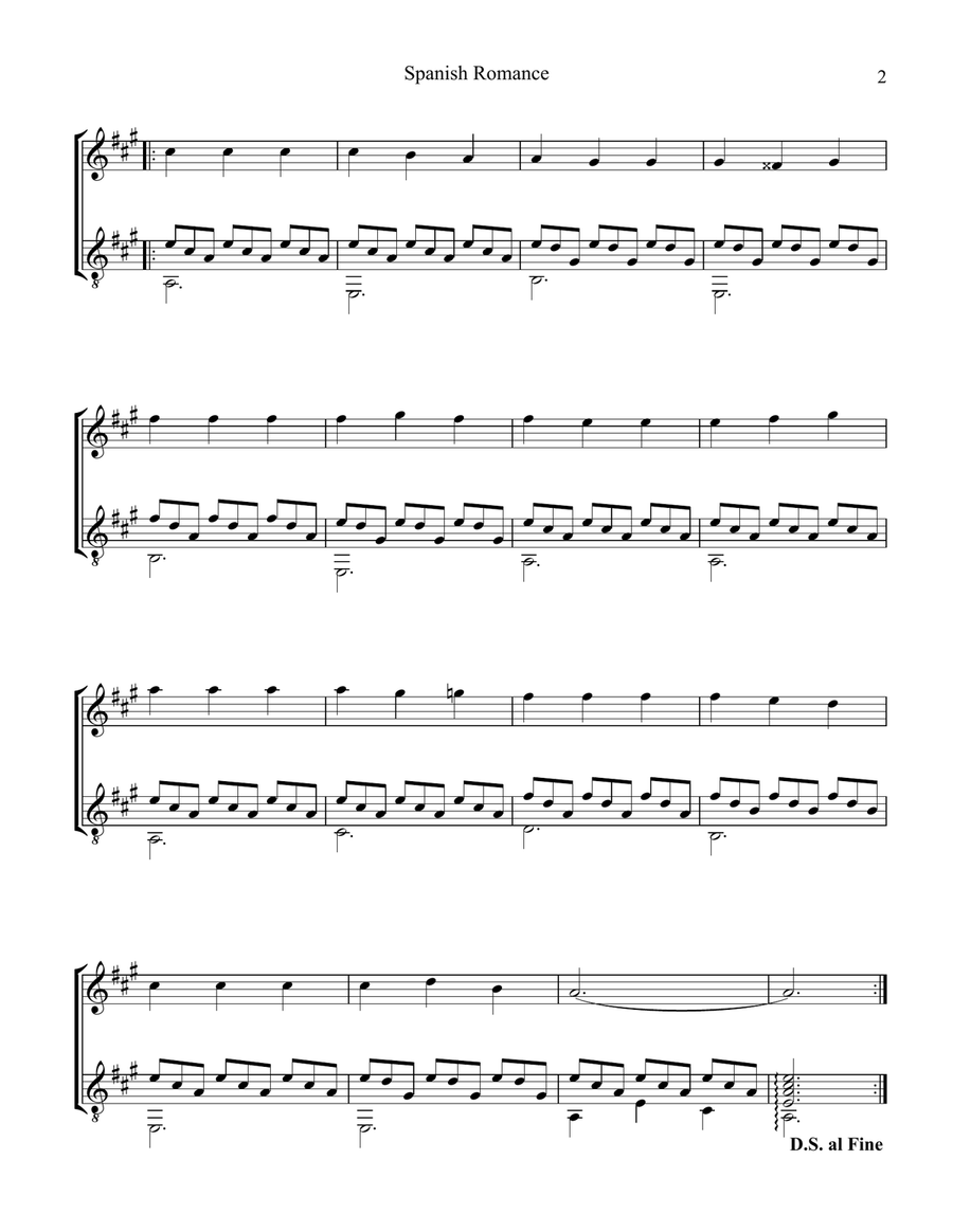 Spanish Romance, Romanza for violin and guitar (A Minor) String Duet scores gallery preview page 2