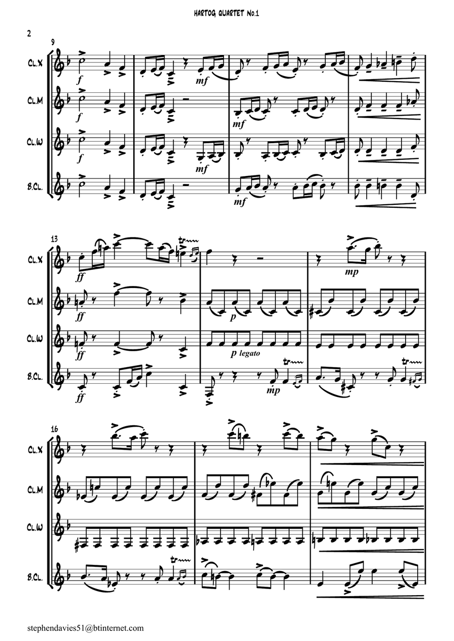 Quartet No.1 By Edouard de Hartog Op.35 for Clarinet Quartet. Clarinet Quartet scores gallery preview page 2