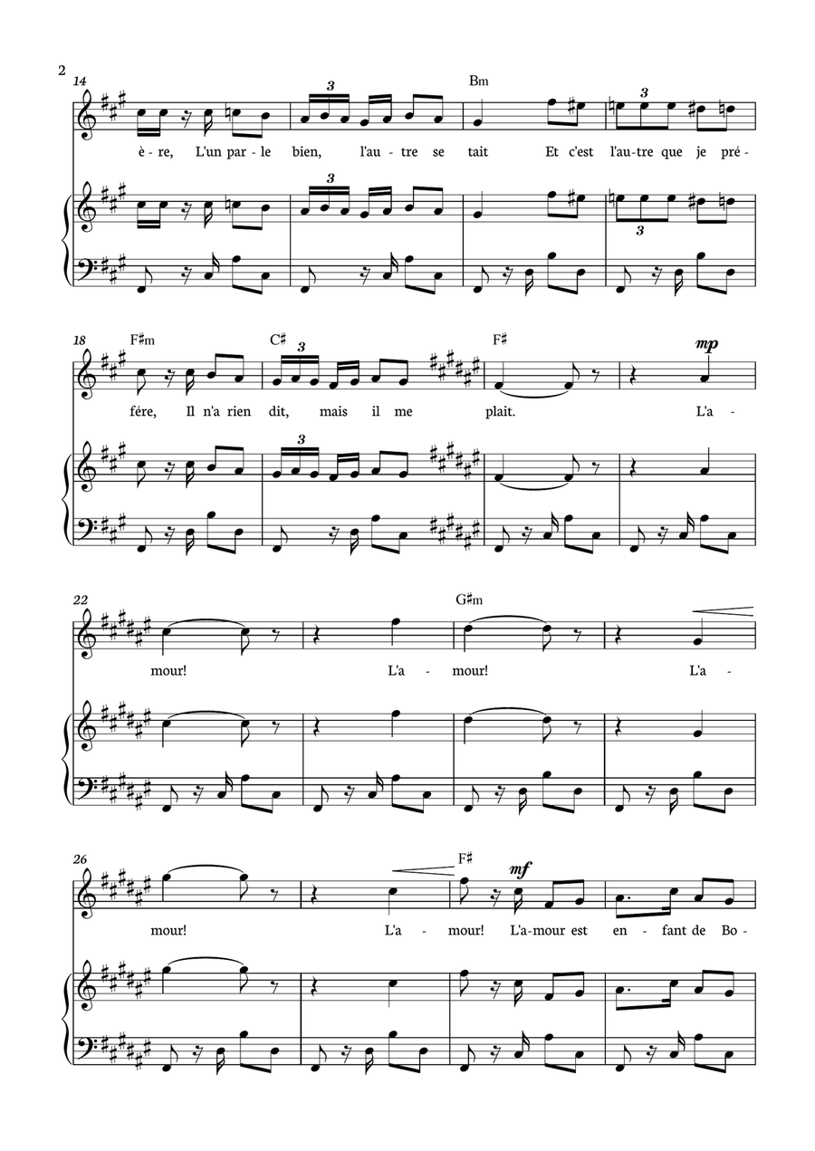 Habanera - Carmen for piano, chords and voice in F# minor. Piano, Vocal scores gallery preview page 2