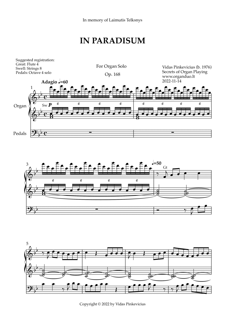 In Paradisum, Op. 168 (Organ Solo) by Vidas Pinkevicius Organ Solo scores gallery preview page 1