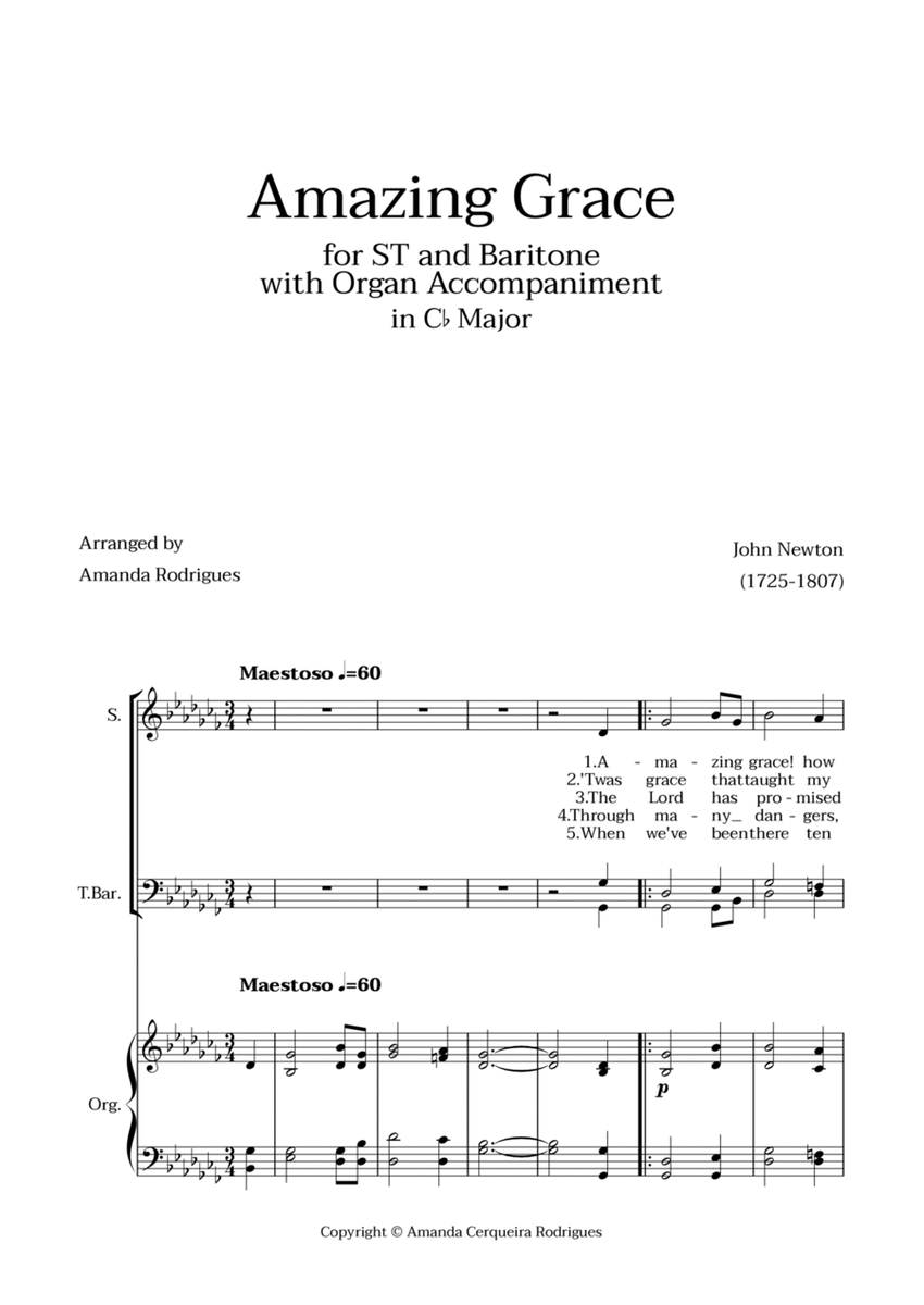 Amazing Grace in Cb Major - Soprano, Tenor and Baritone with Organ Accompaniment image number null