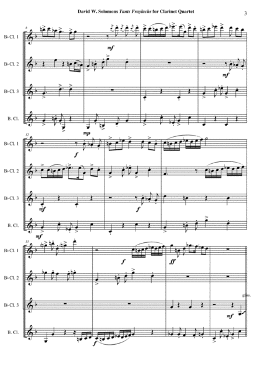 David W. Solomons: Tants Fraylachs (Klezmer style) for 3 Bb clarinets and bass clarinet Woodwind Quartet scores gallery preview page 3