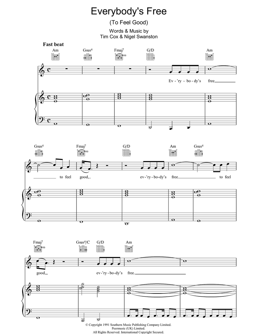 Everybody's Free (To Feel Good) Piano, Vocal, Guitar scores gallery preview page 1