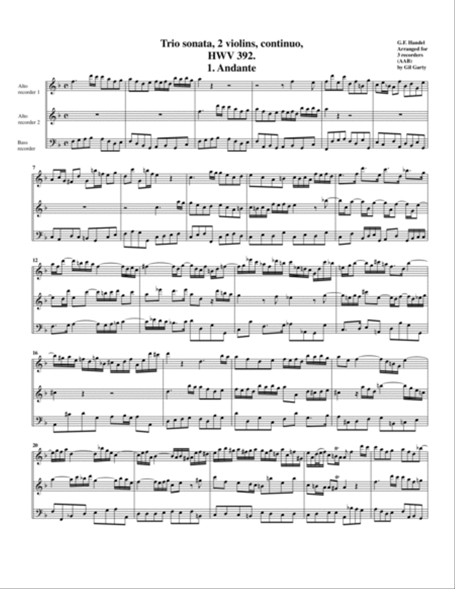 Trio sonata HWV 392 (Arrangement for 3 recorders (AAB)) Alto Recorder scores gallery preview page 2