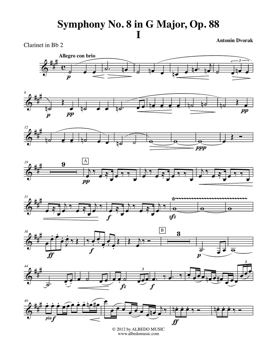 Dvorak Symphony No. 8, Movement I - Clarinet in Bb 2 (Transposed Part), Op. 88 B-Flat Clarinet scores gallery preview page 1
