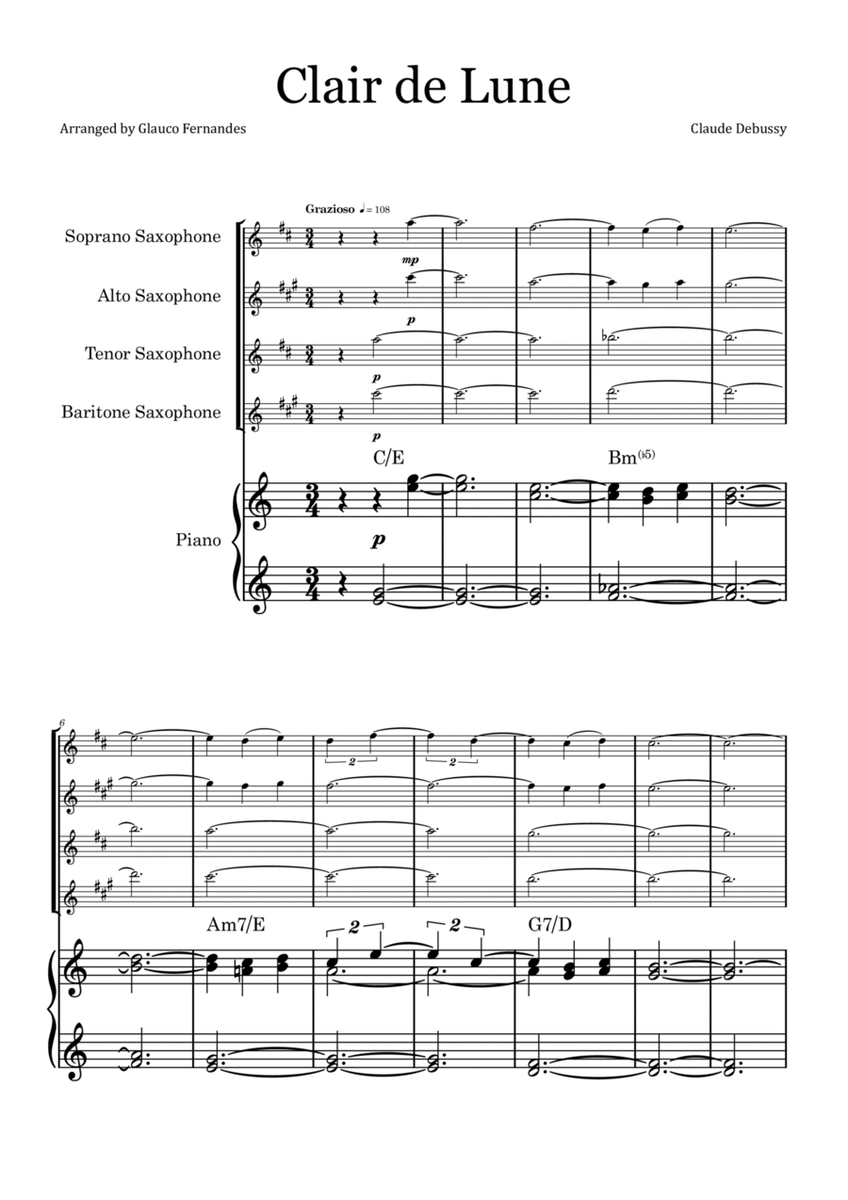 Clair de Lune by Debussy - Saxophone Quartet with Piano and Chord Notation image number null