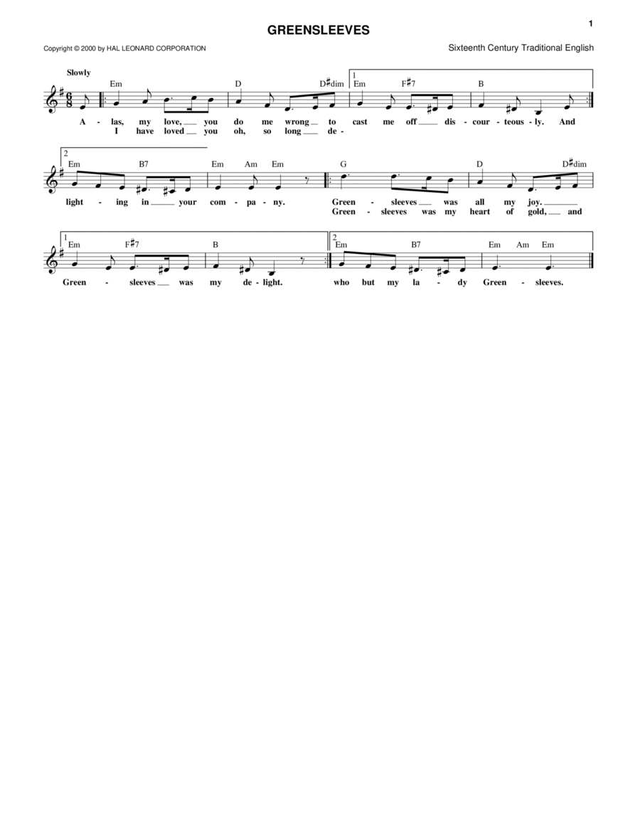 Greensleeves Piano scores gallery preview page 1