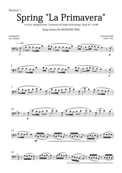 "Spring" (La Primavera) by Vivaldi - Easy version for BASSOON TRIO image number null