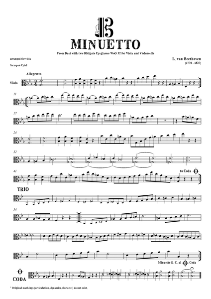 Ludwig van Beethoven Minuetto from Obligato Eyeglasses for 2 Violas (viola duet) or Viola & Cello -