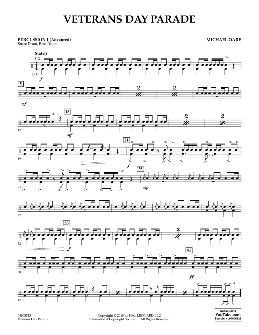 Veterans Day Parade - Percussion 1 (Advanced) Concert Band scores gallery preview page 1