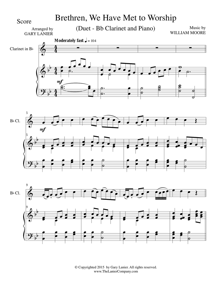 BRETHREN, WE HAVE MET TO WORSHIP (Duet – Bb Clarinet and Piano/Score and Parts) B-Flat Clarinet scores gallery preview page 1