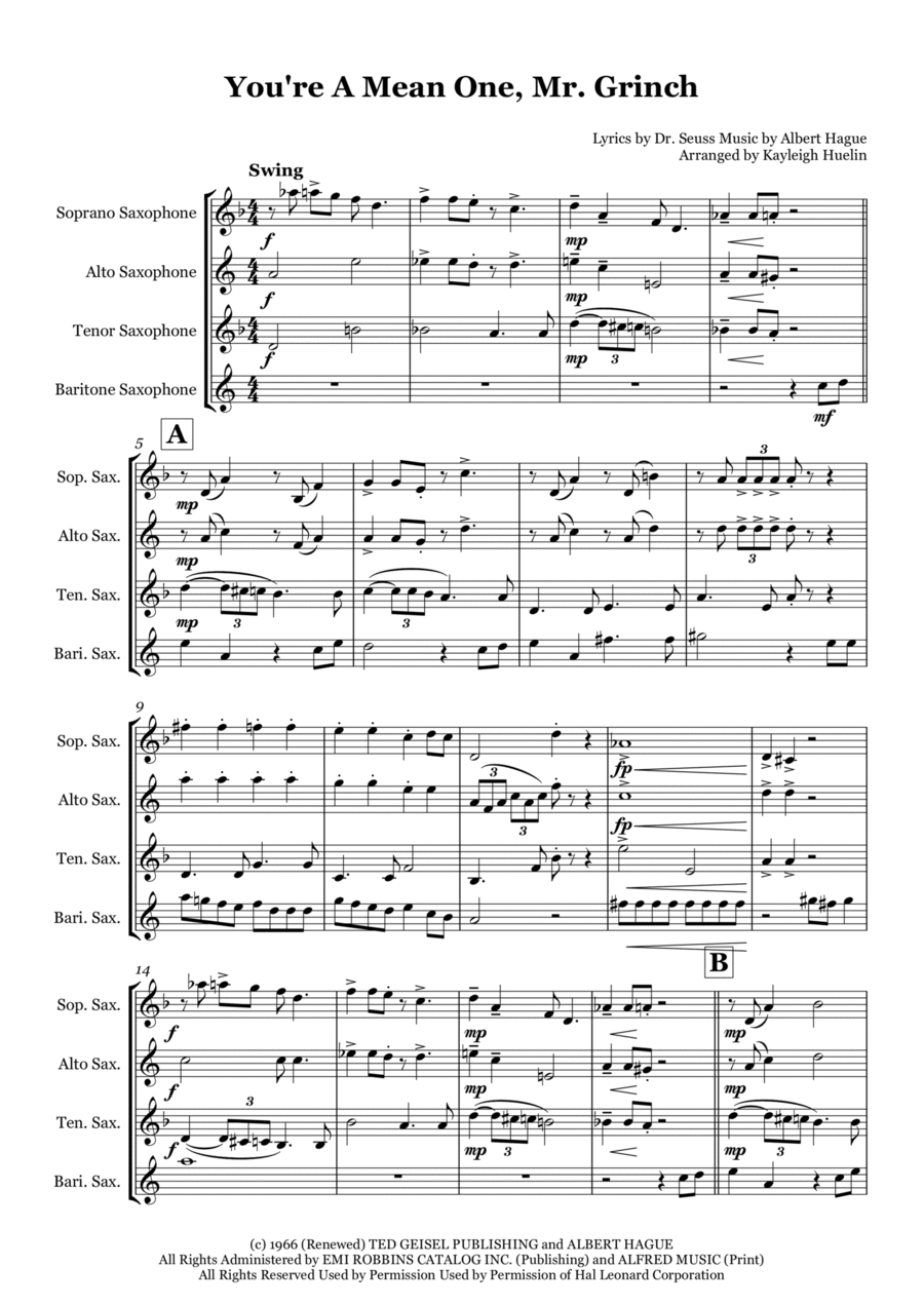 You're A Mean One, Mr. Grinch Saxophone Quartet scores gallery preview page 1