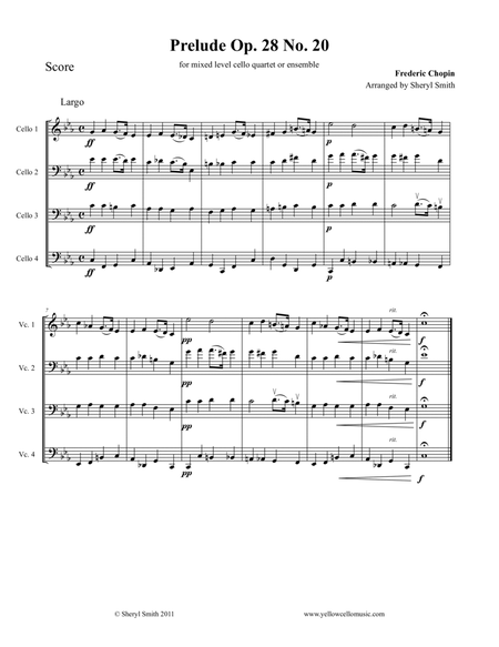 Chopin Piano Prelude in C minor (Funeral March) Op 28 No.20 for cello ensemble or mixed-level cello image number null