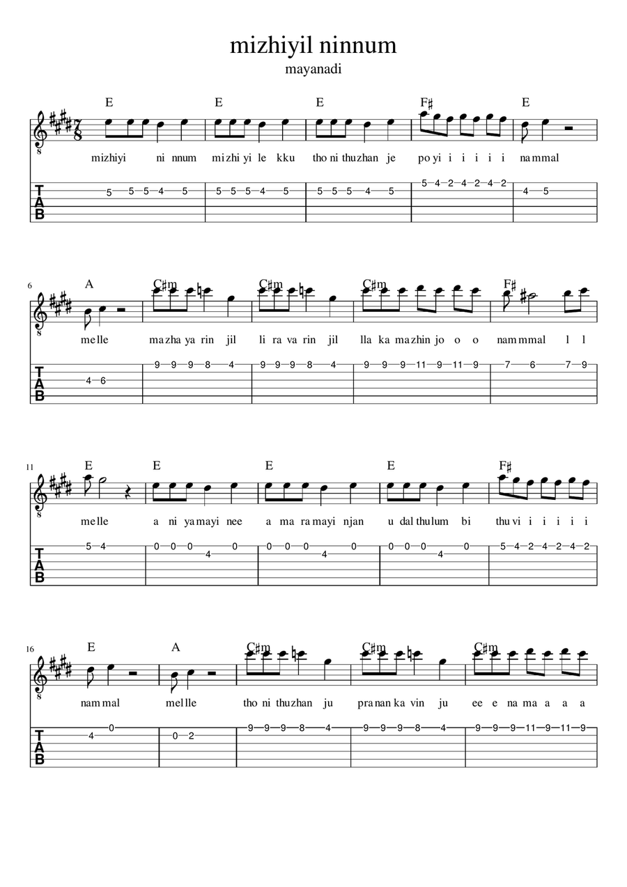 mizhiyil ninnum (mayanadi song) sheet music with tabs lyrics and chords Guitar Tablature scores gallery preview page 1