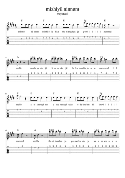 mizhiyil ninnum (mayanadi song) sheet music with tabs lyrics and chords