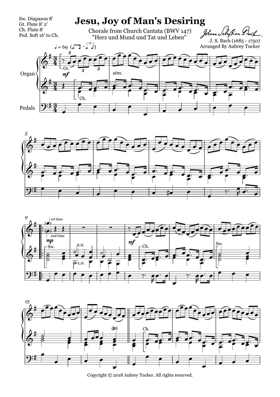 Organ: Jesu, Joy of Man's Desiring (Chorale from Church Cantata BWV 147) - J. S. Bach Organ Solo scores gallery preview page 2