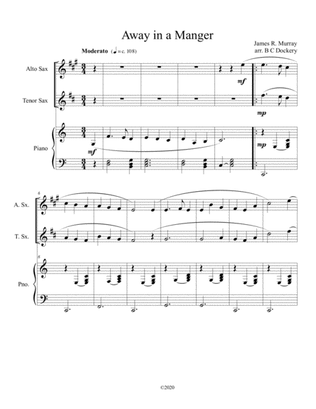 Book cover for Away in a Manger (alto and tenor sax duet) with optional piano accompaniment
