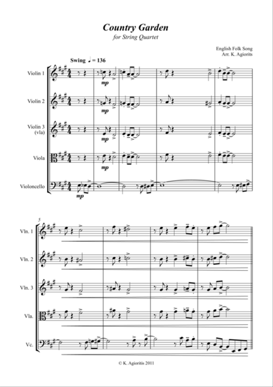 Country Garden - A Jazz Arrangement - for String Quartet String Quartet scores gallery preview page 1
