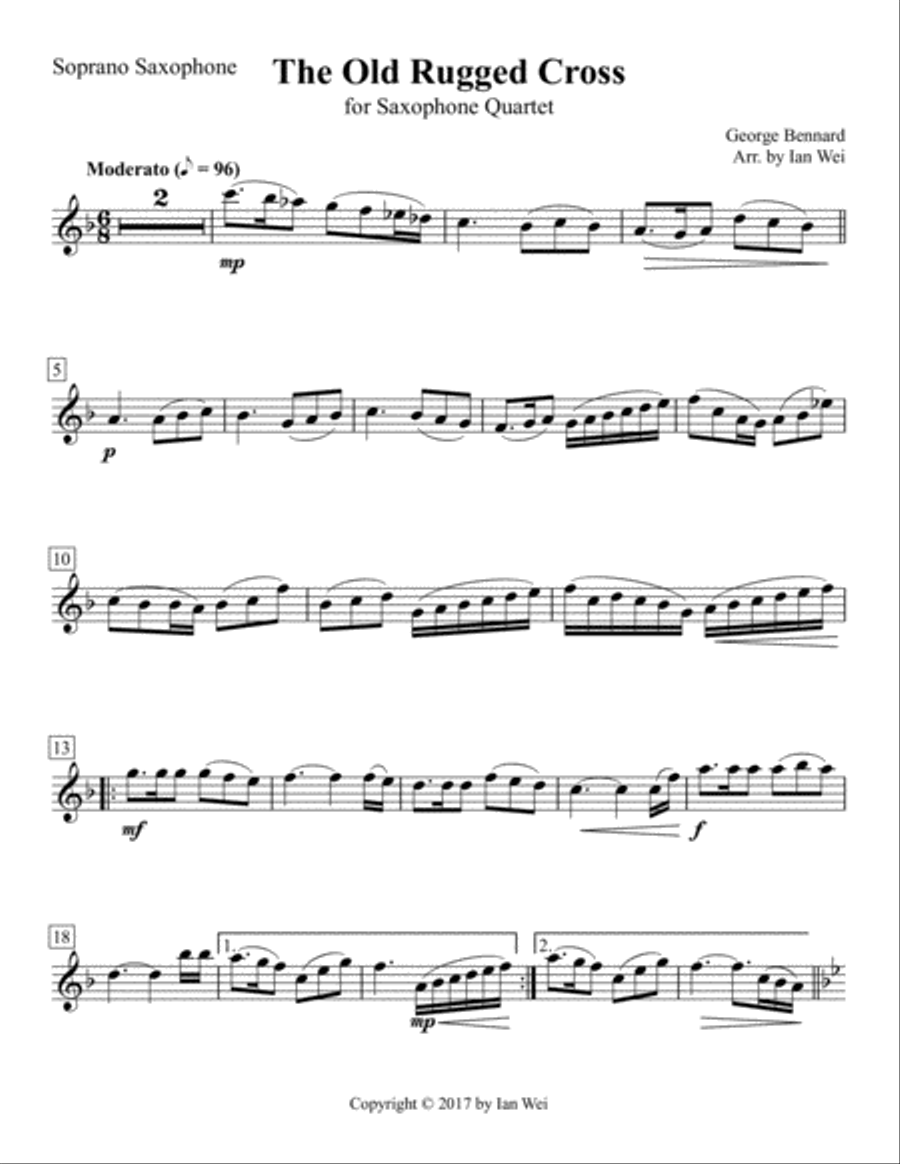 The Old Rugged Cross for Saxophone Quartet Saxophone Quartet scores gallery preview page 1