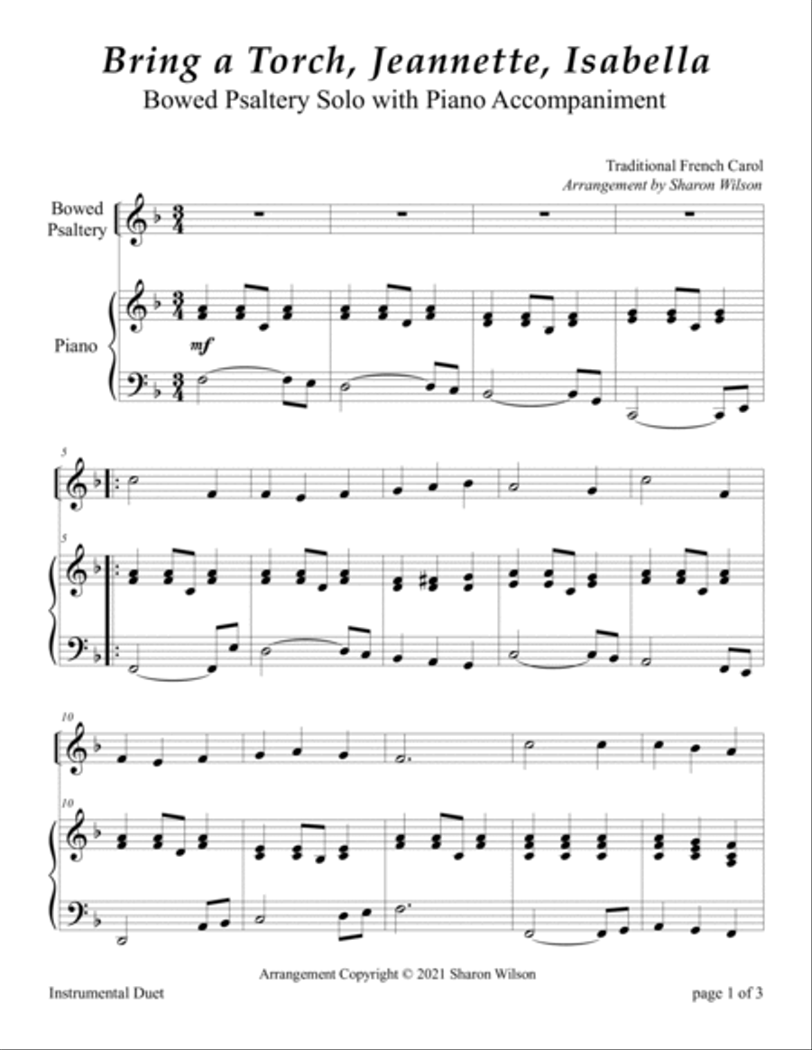 Bring a Torch, Jeannette, Isabella (Easy Bowed Psaltery Solo with Piano Accompaniment) Zither scores gallery preview page 3