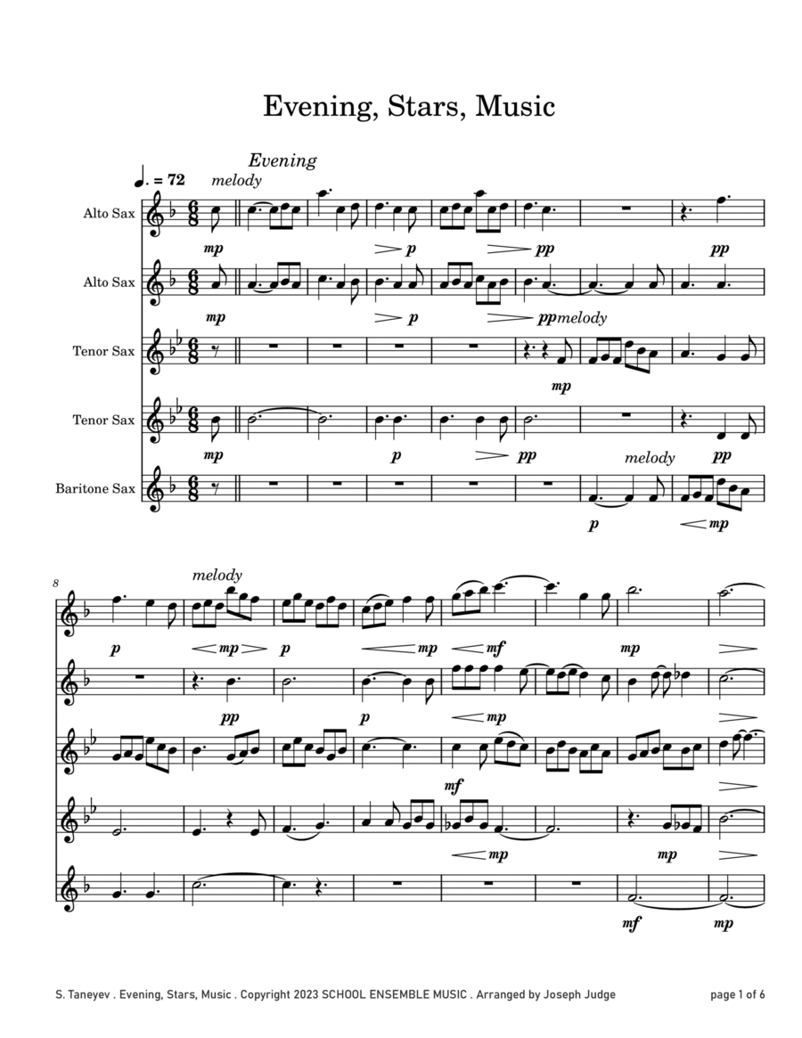 Evening Stars Music by Taneyev for Saxophone Quintet in Schools Saxophone Quintet scores gallery preview page 1