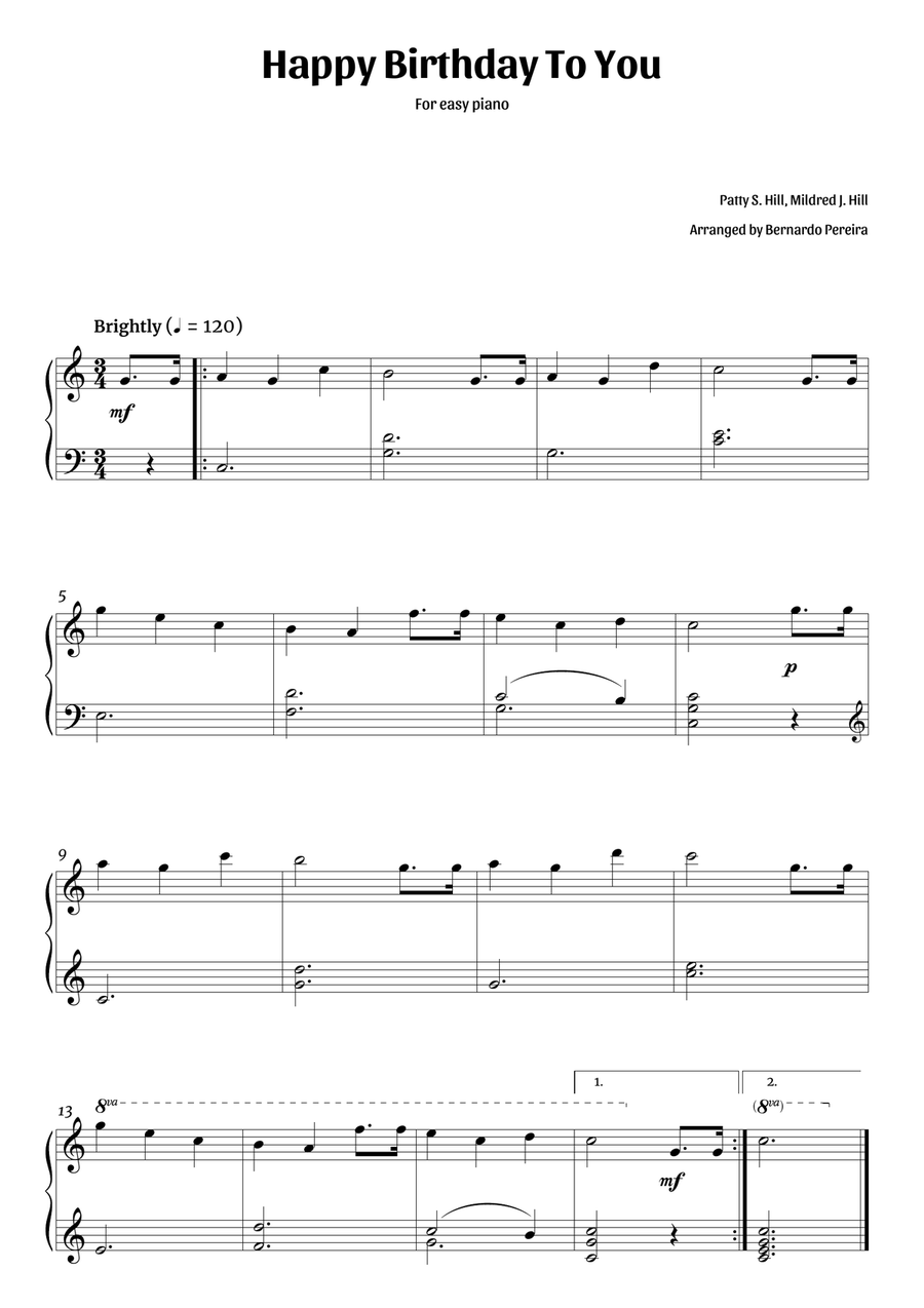 Happy Birthday To You (easy piano in C major – clean sheet music) Easy Piano scores gallery preview page 1