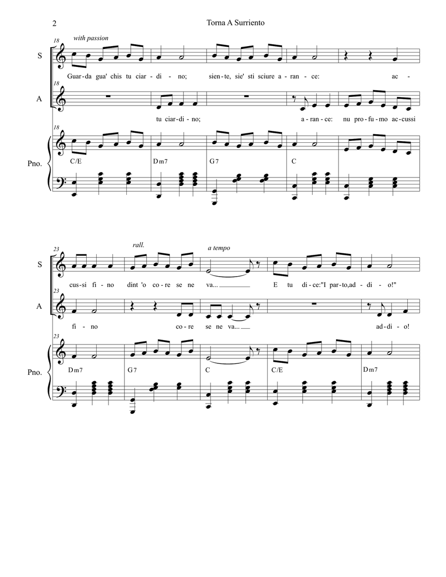 Torna A Surriento (Come Back to Sorrento) (Duet for Soprano & Alto Solo) Alto Voice scores gallery preview page 3