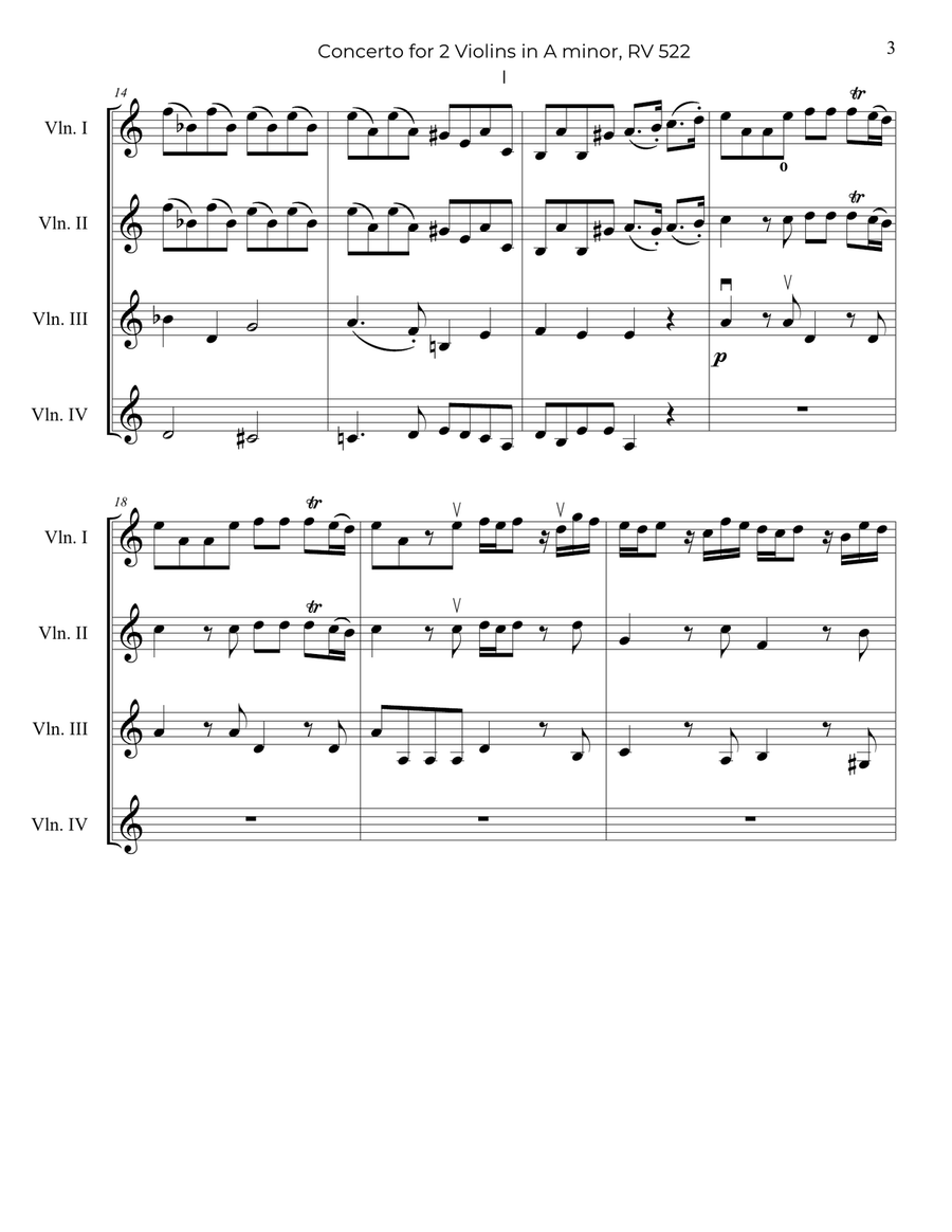 Vivaldi: Concerto for 2 Violins in A minor, Op.3 No.8, RV 522, Arranged for Violin Quartet Chamber Music scores gallery preview page 4