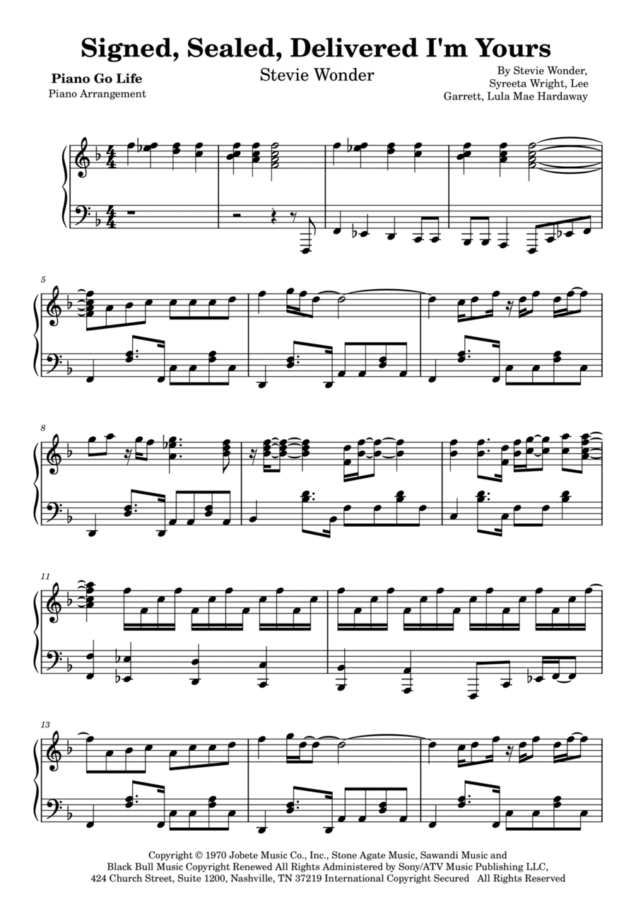 Signed, Sealed, Delivered I'm Yours Piano Solo scores gallery preview page 1