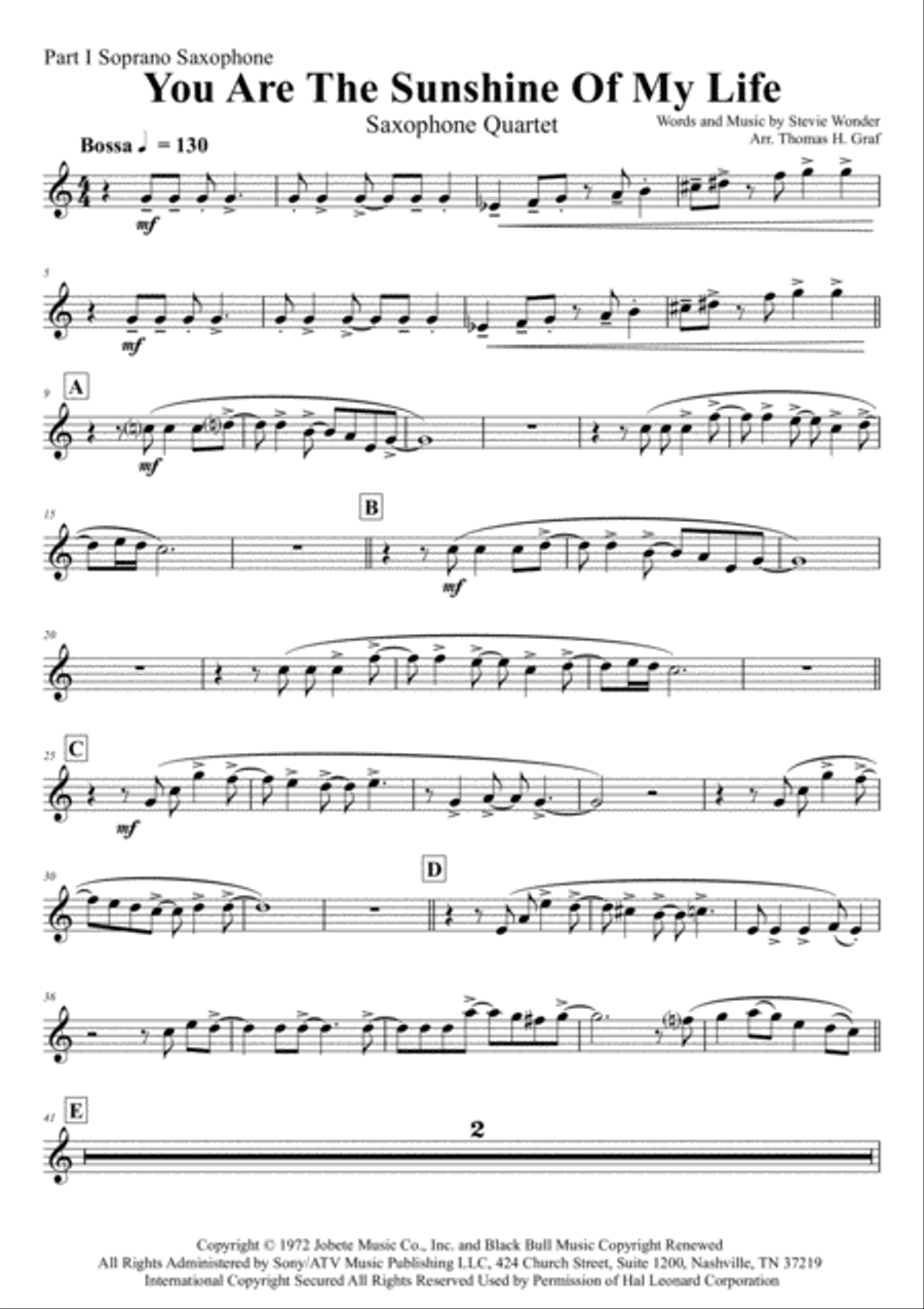 You Are The Sunshine Of My Life Saxophone Quartet scores gallery preview page 6