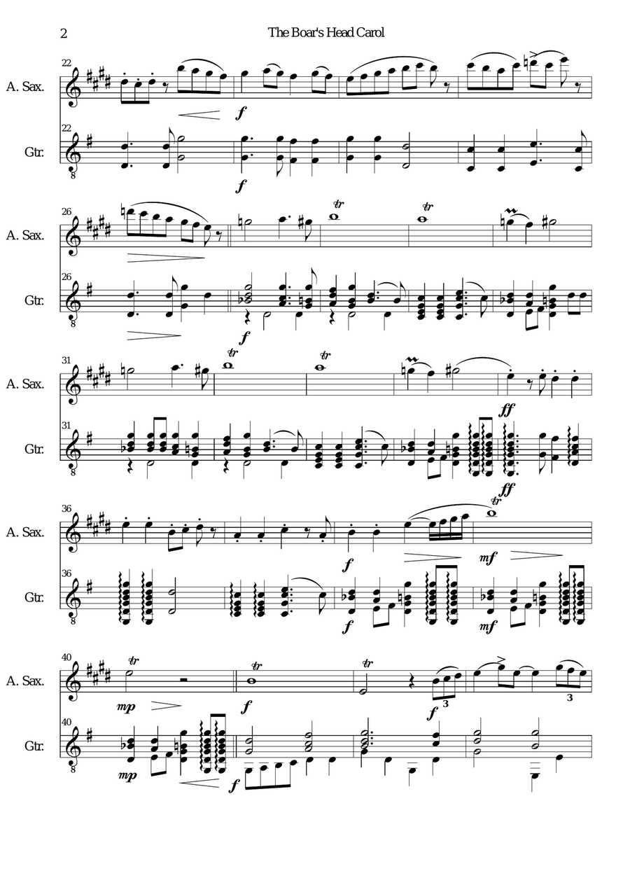 The Boar's Head Carol for alto saxophone and guitar Alto Saxophone scores gallery preview page 2