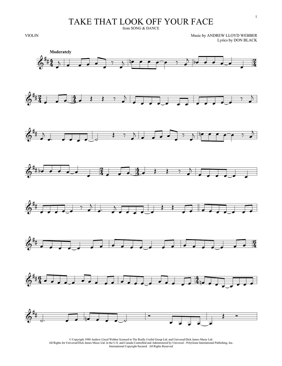Take That Look Off Your Face (from Tell Me On a Sunday) Violin Solo scores gallery preview page 1
