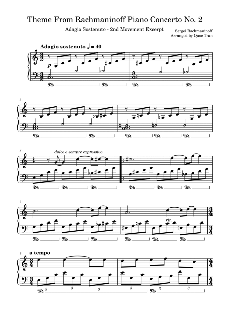 Theme from Rachmaninoff Piano Concerto No. 2 - Adagio Sostenuto - 2nd Movement Excerpt (Easy) Piano Solo scores gallery preview page 1