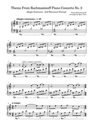 Theme from Rachmaninoff Piano Concerto No. 2 - Adagio Sostenuto - 2nd Movement Excerpt (Easy)