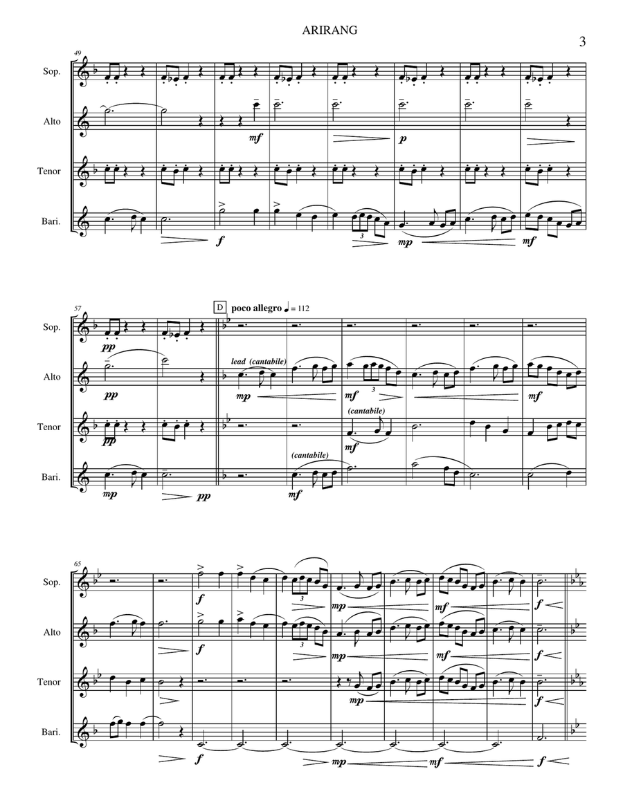 Arirang (Korean Folk Song) (Saxophone Quartet version) Saxophone Quartet scores gallery preview page 5