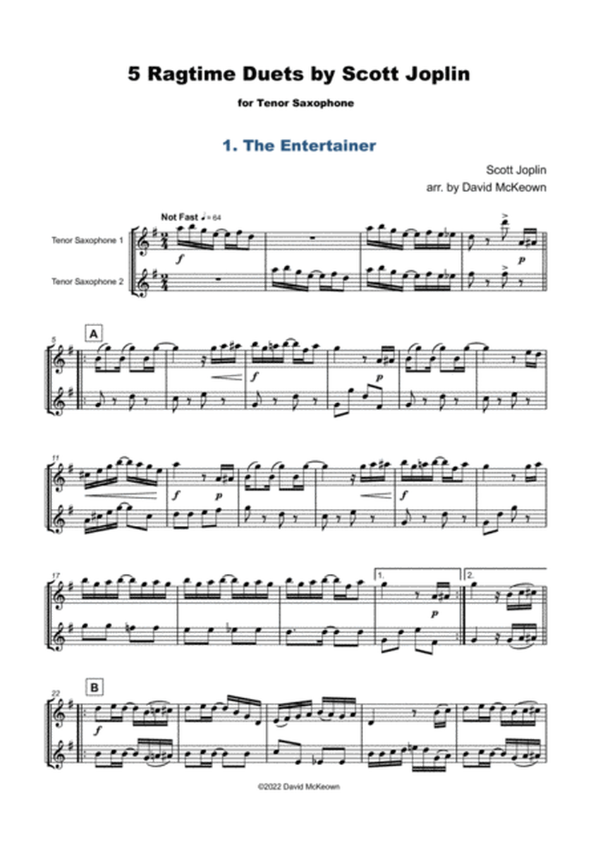 Five Ragtime Duets by Scott Joplin for Tenor Saxophone