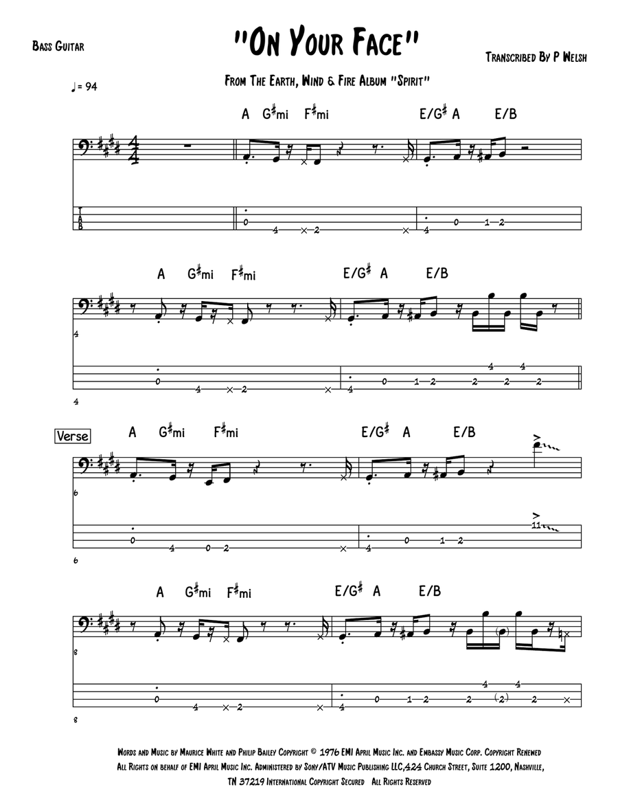 On Your Face On Your Face Bass Guitar Tablature scores gallery preview page 1