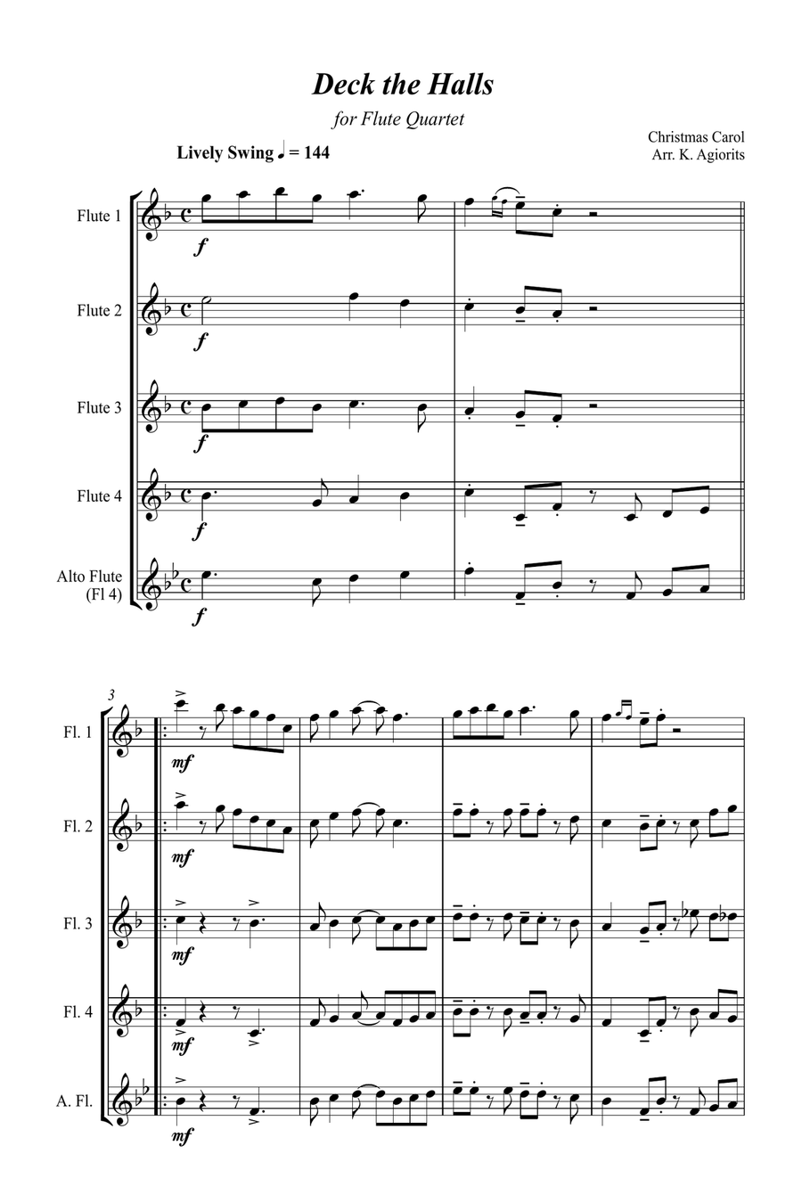 Jazz Carols Collection for Flute Quartet - Set Three: Deck the Halls; Good King Wenceslas and Joy to Flute Quartet scores gallery preview page 2