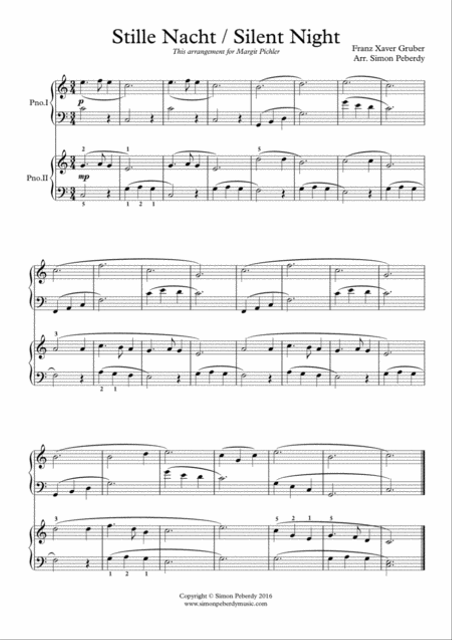 Stille Nacht / Silent Night, easy arrangement for 2 pianos by Simon Peberdy Piano Method scores gallery preview page 1