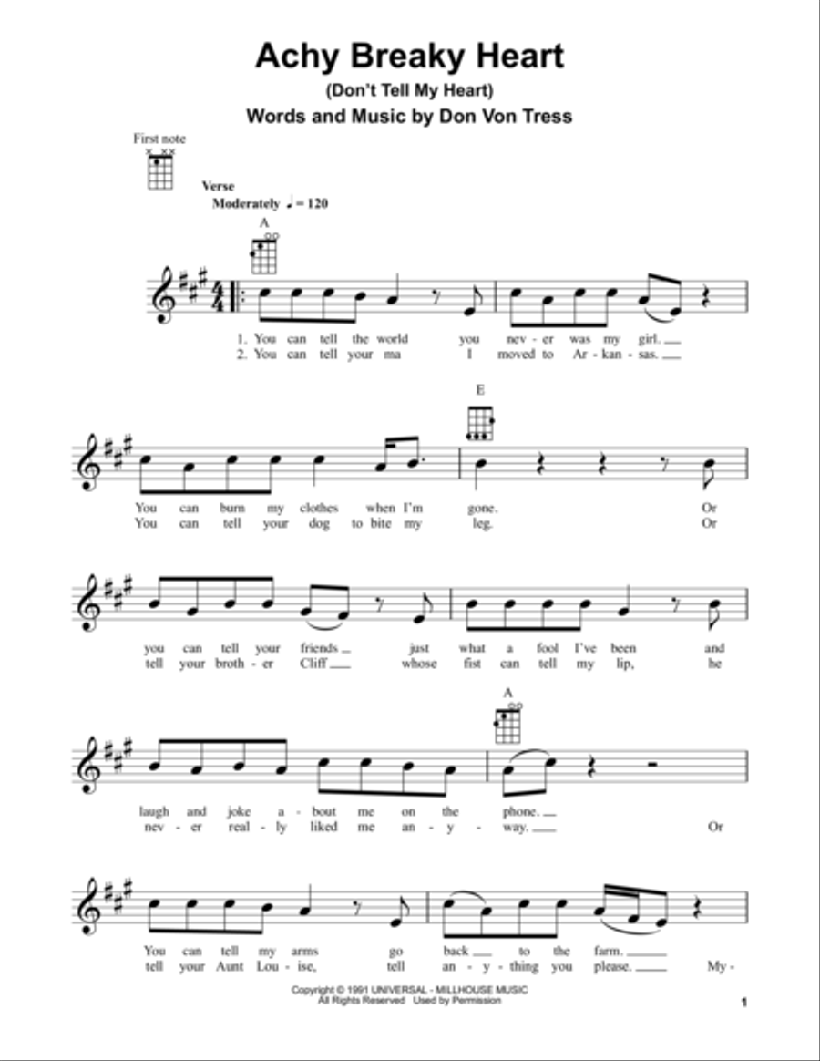 Achy Breaky Heart (Don't Tell My Heart) Ukulele scores gallery preview page 1