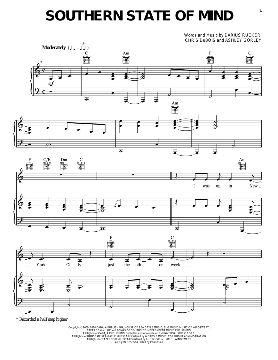 Southern State Of Mind Piano, Vocal, Guitar scores gallery preview page 1