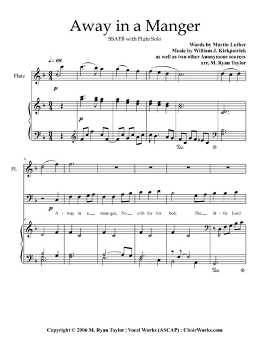 Away in a Manger for SSATB Choir, Piano and Flute Solo SSATB scores gallery preview page 1