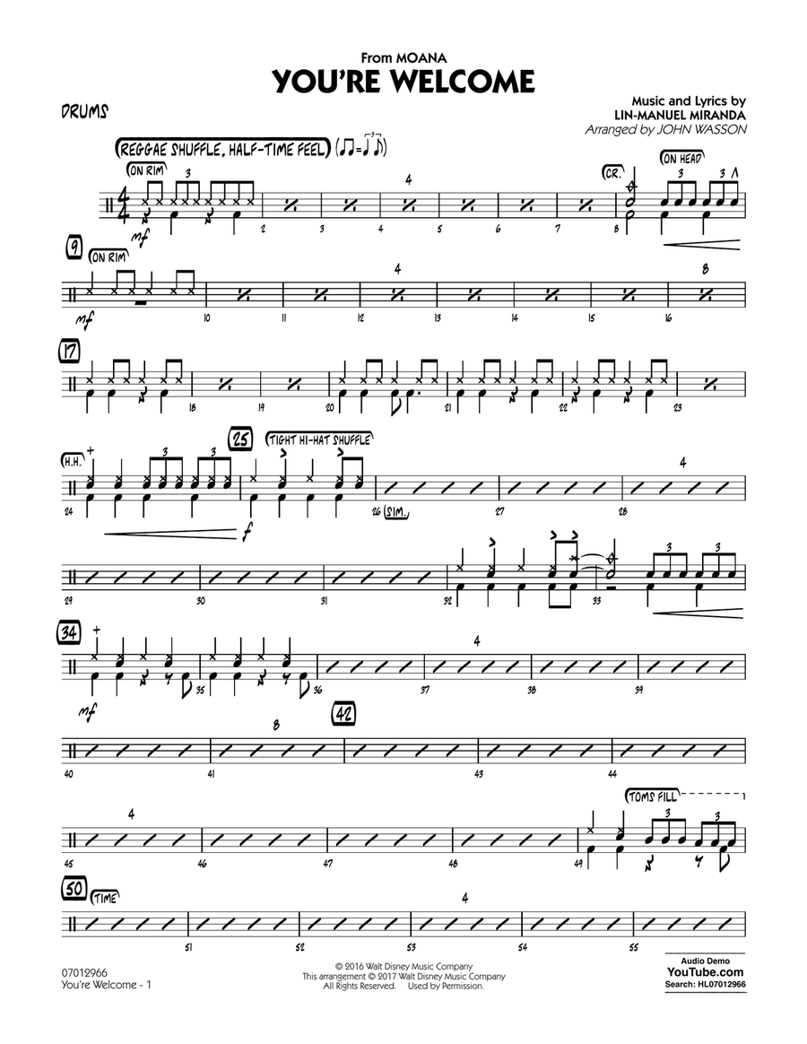 You're Welcome (from Moana) (arr. John Wasson) - Drums Drums scores gallery preview page 1