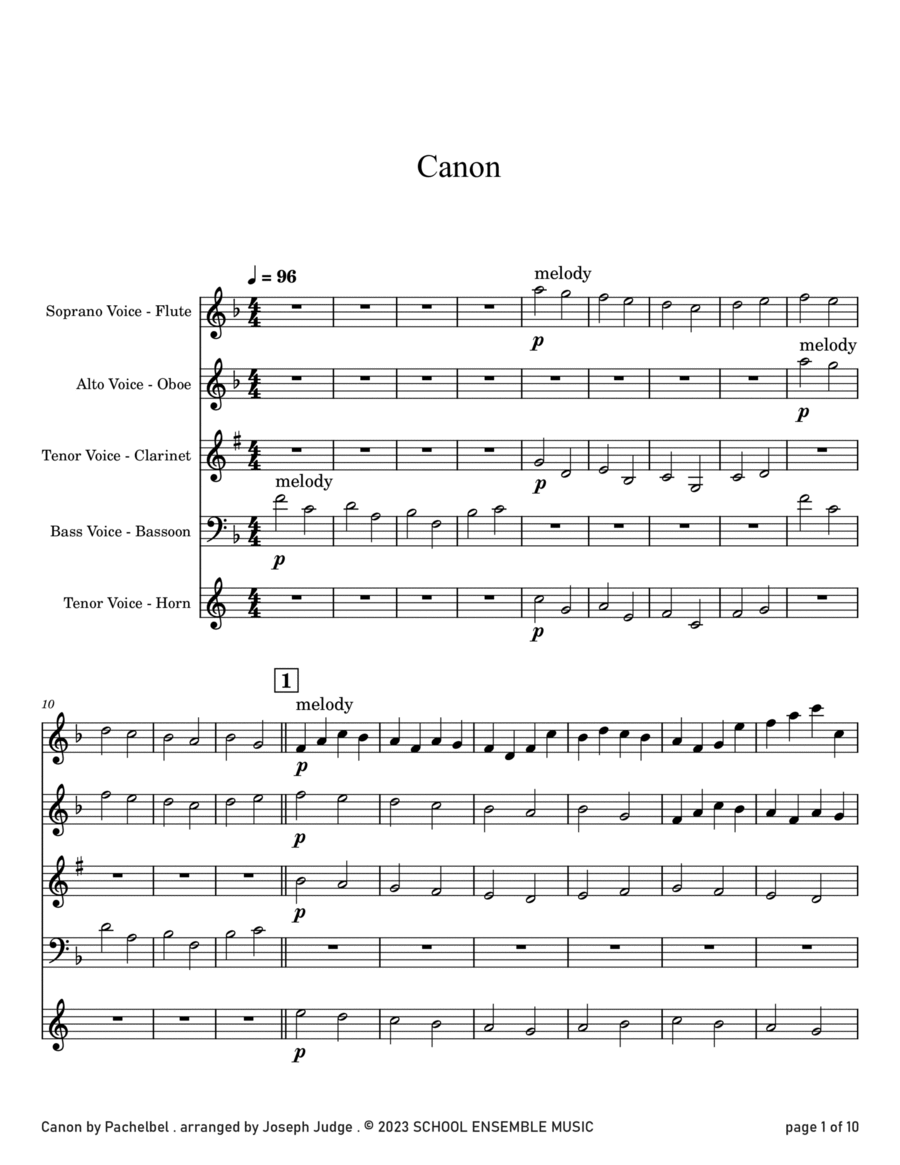 Canon by Pachelbel for Woodwind Quartet in Schools Canon by Pachelbel for Woodwind Quartet in Schools Woodwind Quartet scores gallery preview page 1